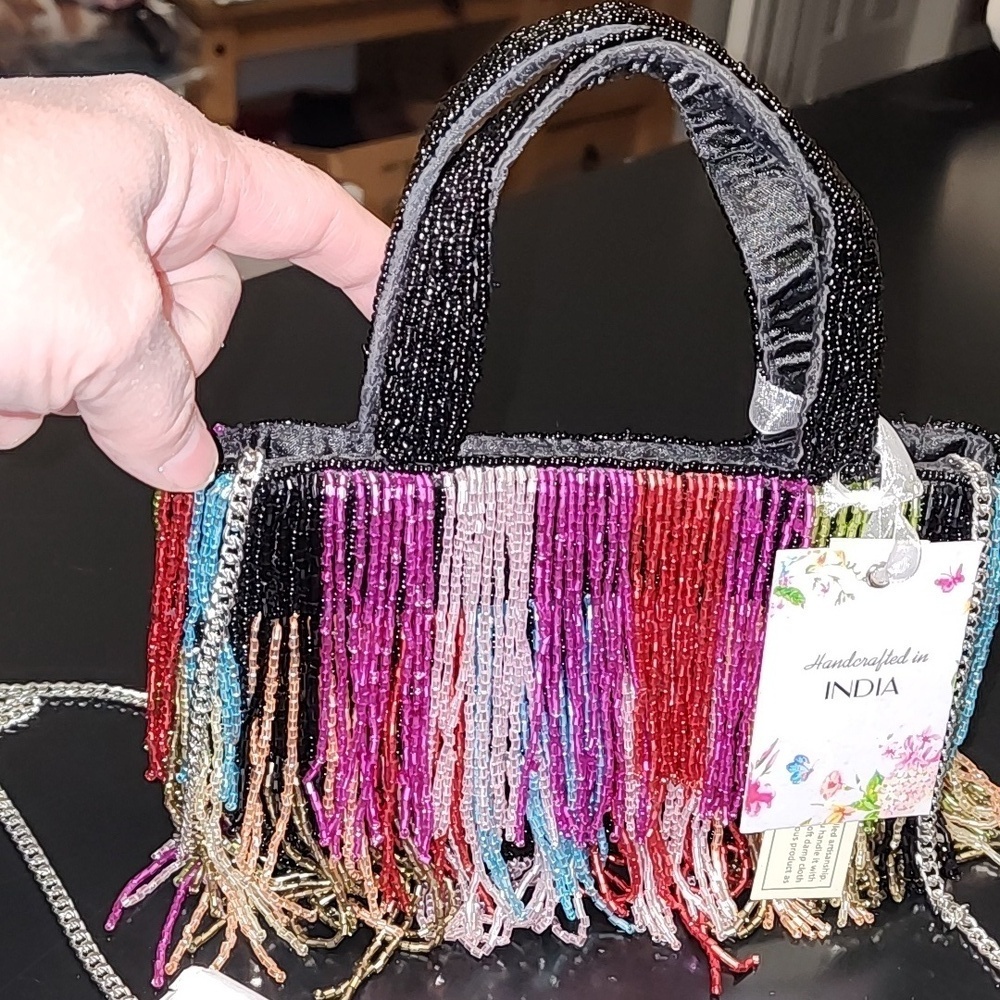Handcrafted In India Multicolored Fringe Beaded Small Handbag - Picture 8 of 8